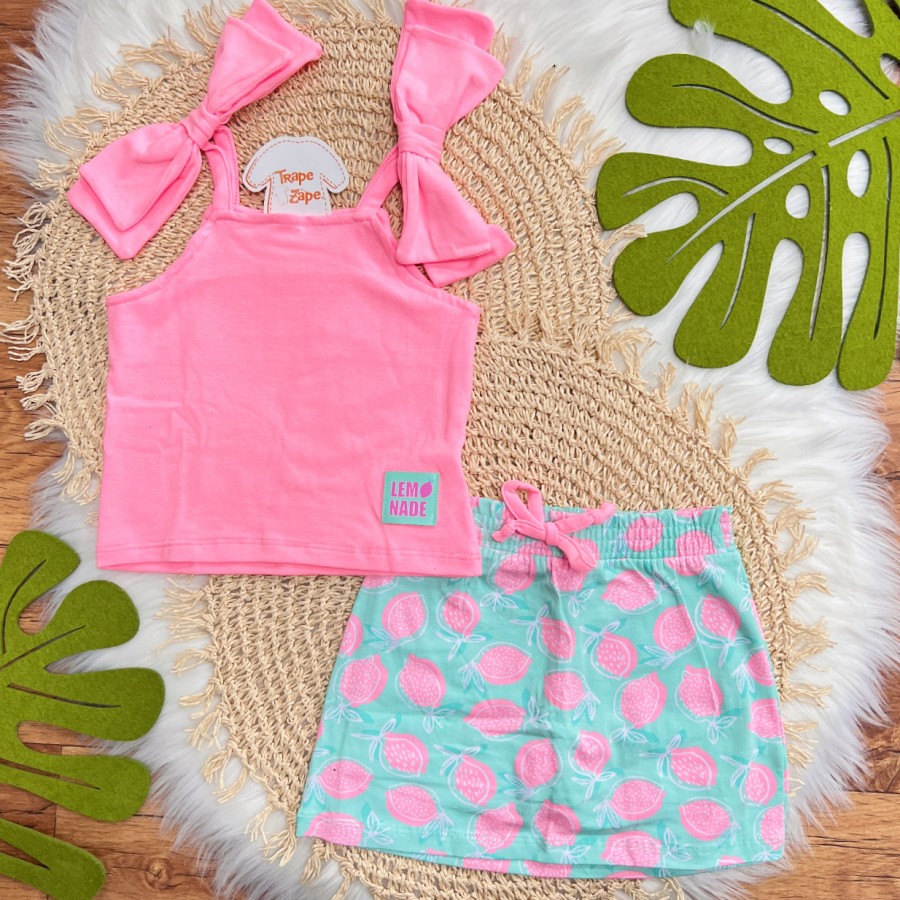 Conj. Regata Laços e Short Saia Lemonade - Rosa Neon e Verde